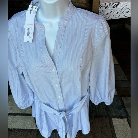NWT Liz Claiborne Pleated Small Blue and White Stripe Belted Blouse Size Large - Picture 2 of 13